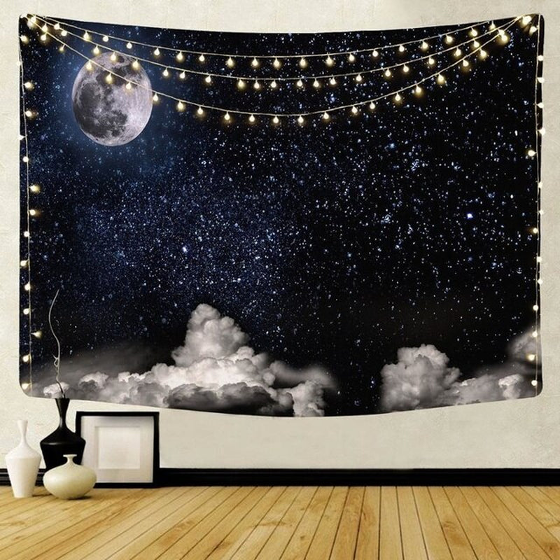 "Sun & Moon: Celestial Tapestry" Full moon with stars and fluffy clouds