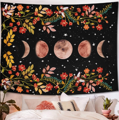 Moonlit Blooms Tapestry: Floral Lunar Elegance