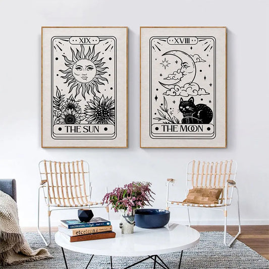 "Mystic Sun & Moon Tarot Canvas: Celestial Cat Art"