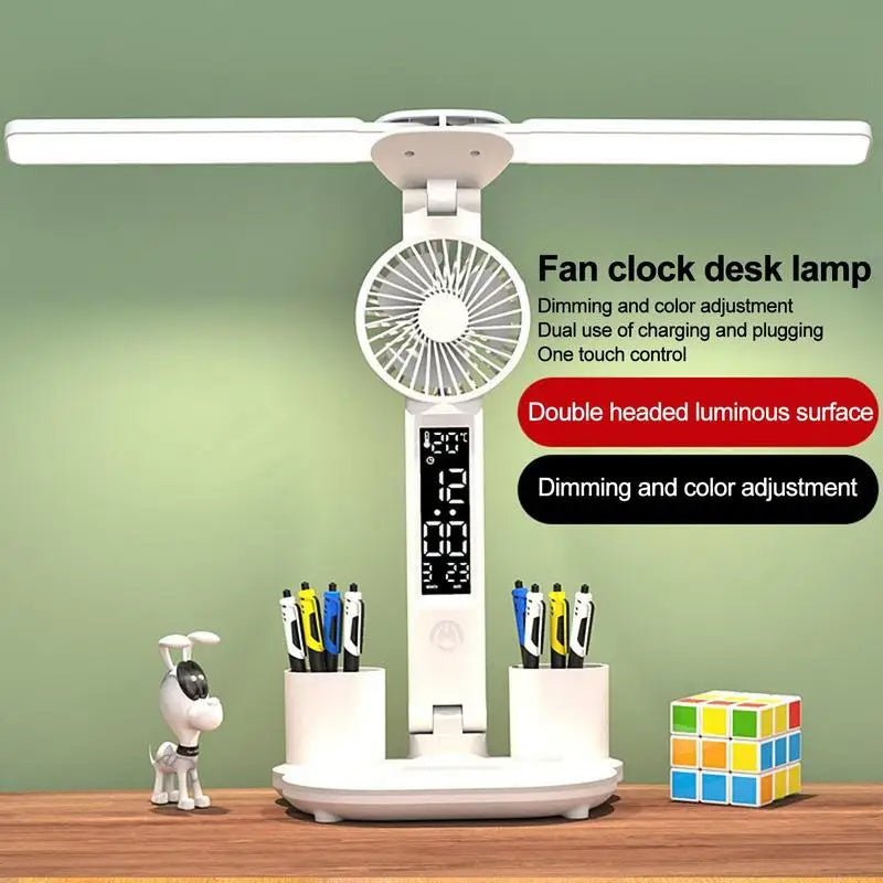 "Celestial Foldable LED Desk Lamp with Fan & Pen Holder" front 