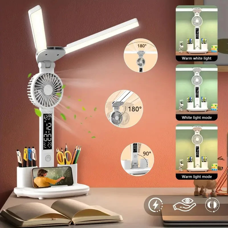 "Celestial Foldable LED Desk Lamp with Fan & Pen Holder"