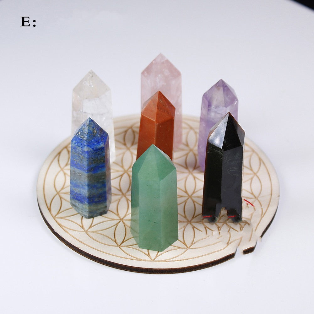 Natural Crystal Pillar Seven-color Gemstone Yoga Stone Wood Plate Pendulum