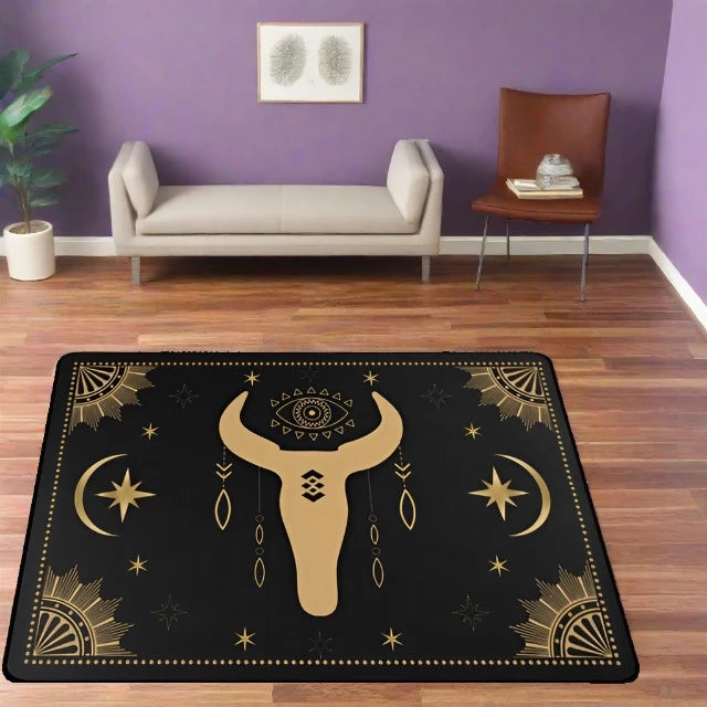 "Black Moon Celestial Rug: Gothic Zodiac & Witchcraft Magic"