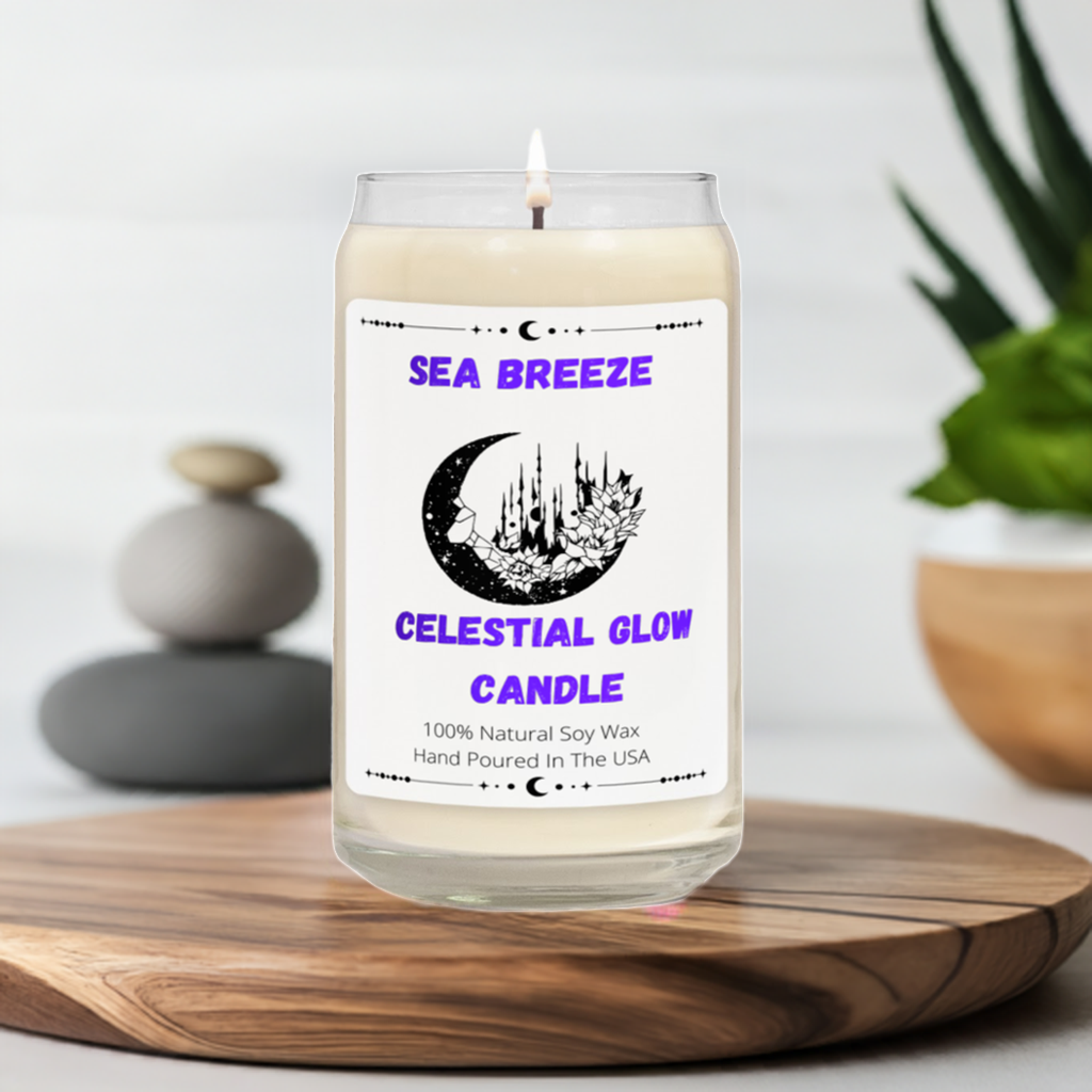 Sea Breeze Celestial Glow candle in a meditation setting