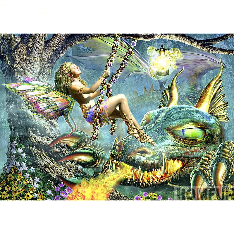 majestical fairy and fire breathing dragon. Magical. Fantasy 