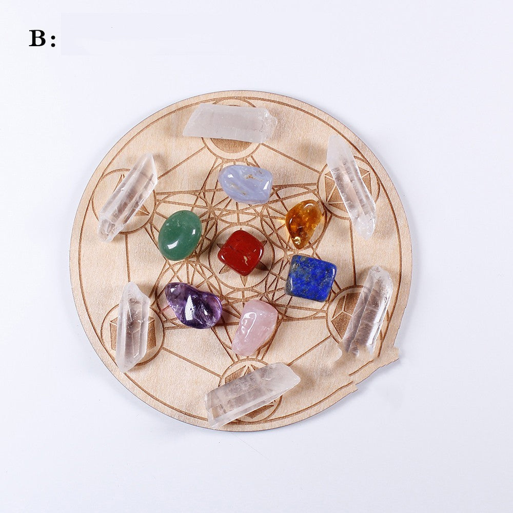 Natural Crystal Pillar Seven-color Gemstone Yoga Stone Wood Plate Pendulum