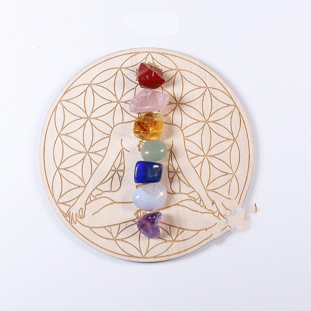 Natural Crystal Pillar Seven-color Gemstone Yoga Stone Wood Plate Pendulum