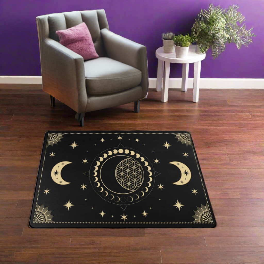 Mystic Black Moon Rug: Gothic Zodiac & Witchcraft Designs